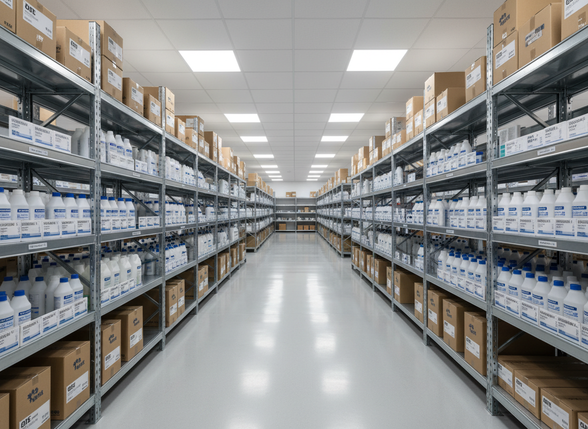 A spacious, modern industrial storeroom dedicated to chemicals and technical supplies, with long rows of metal shelving filled with uniformly labeled boxes, bottles, and cans of adhesives, sealants, and maintenance sprays. The floor is smooth, light grey epoxy, reflecting soft hints of the shelving and products. Bright, even LED ceiling panels provide clean, neutral illumination with minimal shadows, enhancing the sense of order. Captured from a central, eye-level perspective with deep focus, the image leads the eye down the aisle, creating a feeling of scalability, organization, and reliability. The photographic realism supports a professional, high-standards industrial supplier brand.
