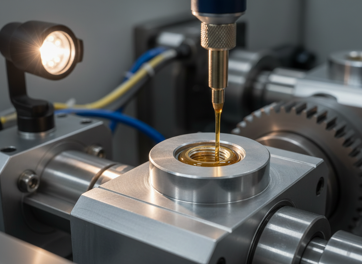 A close, detailed photographic shot of a precision lubrication point on a piece of factory machinery: a small metal fitting on a rotating shaft housing, with a thin, golden line of lubricant freshly applied from a compact dispenser. The surrounding metal surfaces show clean machining marks and a slight satin sheen. In the softly blurred background, other mechanical components and cable conduits suggest a complex system. Focused LED task lighting from the side highlights the lubricant’s texture and the metal’s fine details, creating subtle, controlled shadows. The tight, macro-like composition feels technical and exact, emphasizing preventative maintenance and product performance.