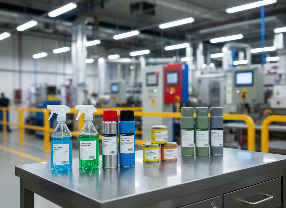 An orderly selection of maintenance chemicals and lubricants arranged on a light industrial workbench: trigger-spray bottles, aerosol cans, and small metal tins, each with crisp, modern labels in coordinated colors. Behind them, a blurred view of factory machinery, pipes, and control panels suggests a real working environment without distracting from the products. Cool white overhead factory lighting mixes with a subtle side light, adding dimensional highlights to the cans and bottles. The mood is efficient and dependable. Captured from a slightly elevated angle with sharp focus on the front row of products and a gentle bokeh background, in a realistic, clean photographic style.