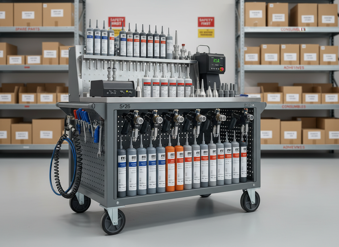 A sturdy dispensing workstation inside a factory maintenance room, featuring a robust metal cart with integrated sealant and adhesive dispensing tools. On the cart: organized rows of cartridges in industrial colors, metal nozzles, mixing tips, and a calibrated digital dispenser unit. The background shows blurred storage racks with labeled boxes and safety signage, reinforcing a professional industrial setting. Neutral overhead LED lighting casts even illumination, with soft reflections on metallic parts and clear, legible details on equipment. Framed in a wide, eye-level composition with strong horizontal lines, the photograph emphasizes readiness, precision, and technical capability, matching a modern, professional industrial brand.