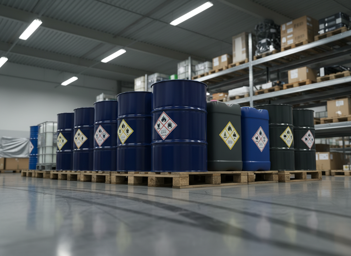 A row of large, industrial-grade lubricant drums and chemical containers in navy blue and deep grey, lined up on pallets in a warehouse corner. Each container has clear, professional hazard and usage labels. The concrete floor shows subtle reflections and faint tire marks, adding realism. Tall metal racking and boxed inventory recede into a soft blur behind them. Overhead high-bay LED fixtures cast cool, even light, with defined but not harsh shadows beneath the drums. Captured from a low-angle perspective to make the containers feel substantial and dependable, the photographic composition is clean and structured, conveying scale, reliability, and industrial readiness.