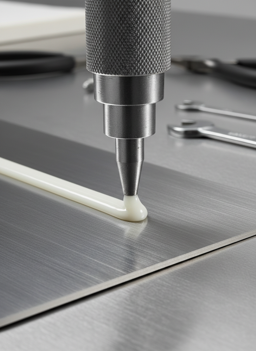 A close-up photographic view of a heavy-duty industrial adhesive being precisely dispensed from a metal-bodied applicator onto a clean steel plate. The bead of adhesive is glossy, semi-transparent, and perfectly uniform, catching the light with subtle highlights. The steel plate rests on a brushed stainless-steel worktable with a few neatly arranged tools in soft focus behind it. Neutral, even studio lighting from above and the side eliminates harsh shadows while emphasizing textures in the metal and adhesive. Shot with a shallow depth of field and tight framing, the image feels technical, controlled, and professional, ideal for showcasing product performance and quality.
