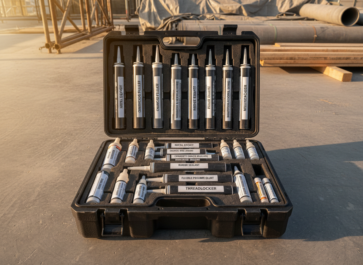 A meticulously organized contractor’s kit of industrial adhesives and sealants laid out in an open, heavy-duty plastic case with foam cutouts. Each cartridge, bottle, and small metal tube fits snugly in its place, labeled for different materials like metal, concrete, and plastic. The case rests on a clean, textured concrete floor, with blurred outlines of scaffolding and stacked materials in the distance. Soft, diffused late-afternoon light enters from the side, creating gentle shadows and warm reflections on plastic and metal surfaces. Shot from a top-down, bird’s-eye view with sharp focus across the frame, the photographic image feels practical, orderly, and field-ready.